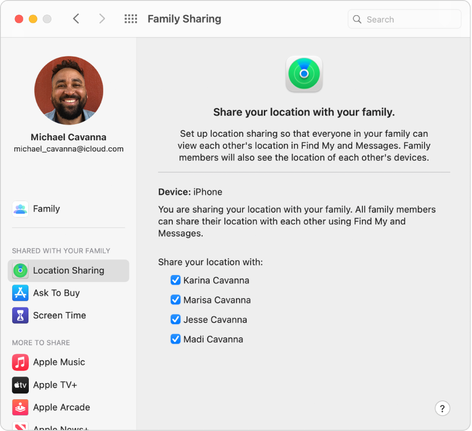 Family Sharing preferences showing a sidebar of different types of account options you can use and the Location Sharing preferences for an existing account.