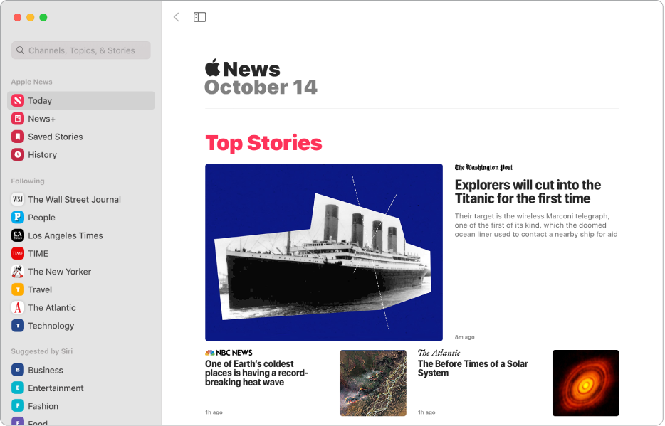 The Apple News window with the sidebar on the left and Top Stories on the right.