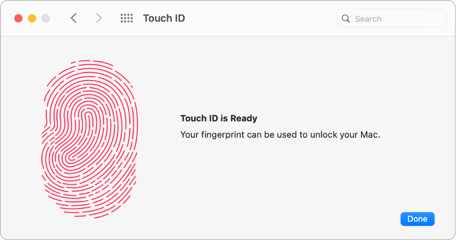 The Touch ID preference pane showing a fingerprint is ready and can be used to unlock the Mac.