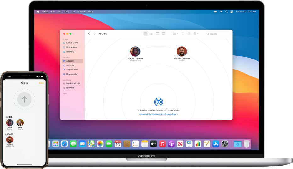An iPhone showing the AirDrop screen, next to a Mac with the AirDrop window open in the Finder.