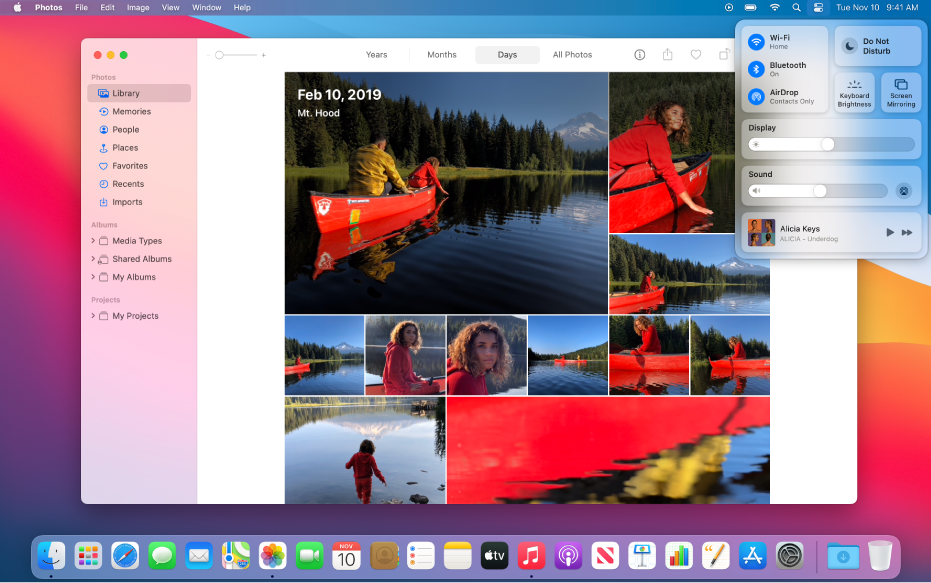 The Photos app open and ready to share photos using Screen Mirroring from Control Center, located in the top-right corner of the desktop.