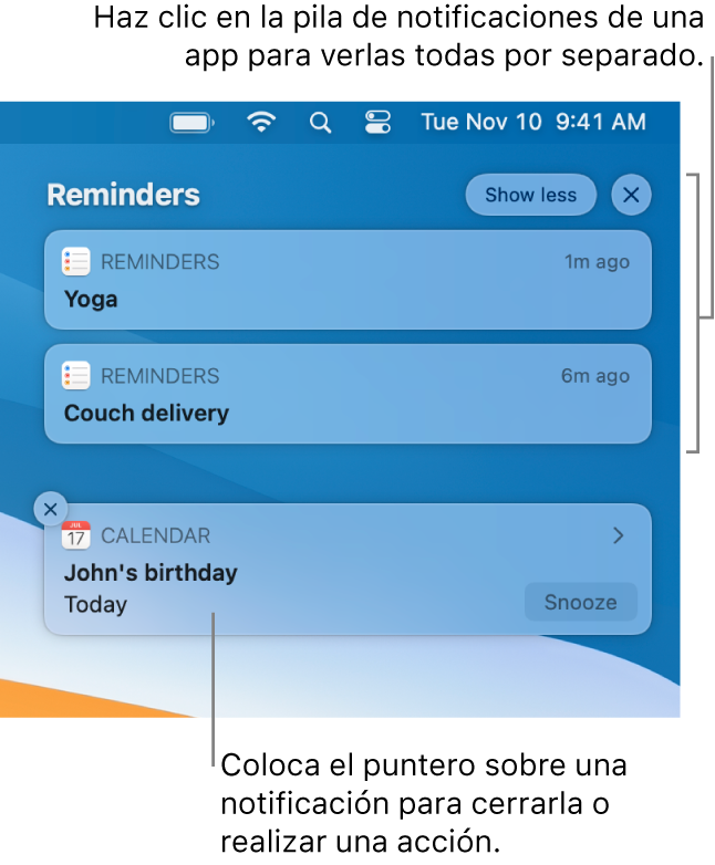 Las notificaciones en la esquina superior derecha del escritorio, incluido un grupo abierto de dos notificaciones de Recordatorio con un botón “Mostrar menos” para contraer el grupo, y una notificación de Calendario con un botón “Posponer”.