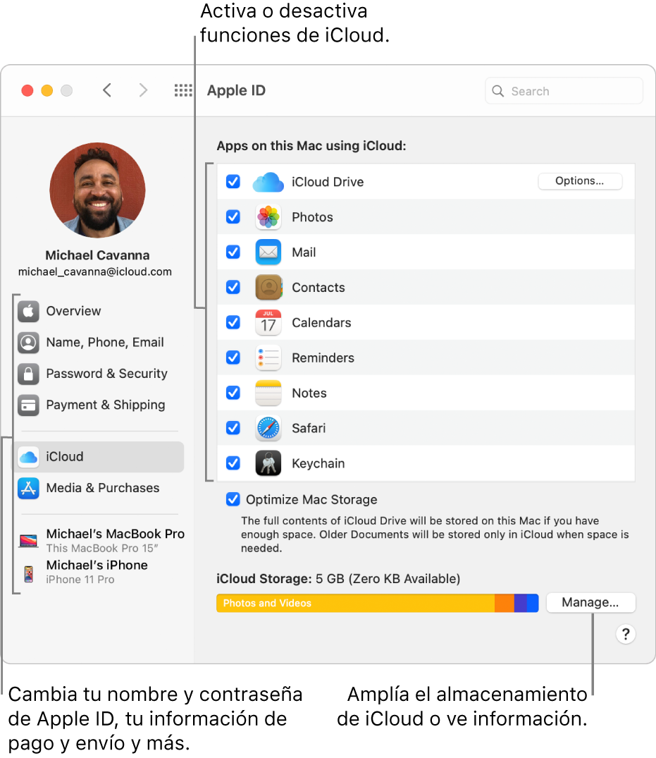 Panel de preferencias iCloud con todas las funciones seleccionadas.