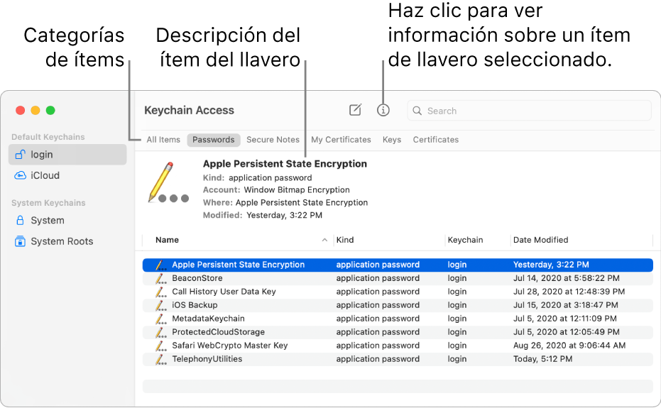 La ventana de “Acceso a Llaveros” con los llaveros en la barra lateral. A la derecha se muestra la descripción de la contraseña de un llavero de inicio de sesión.