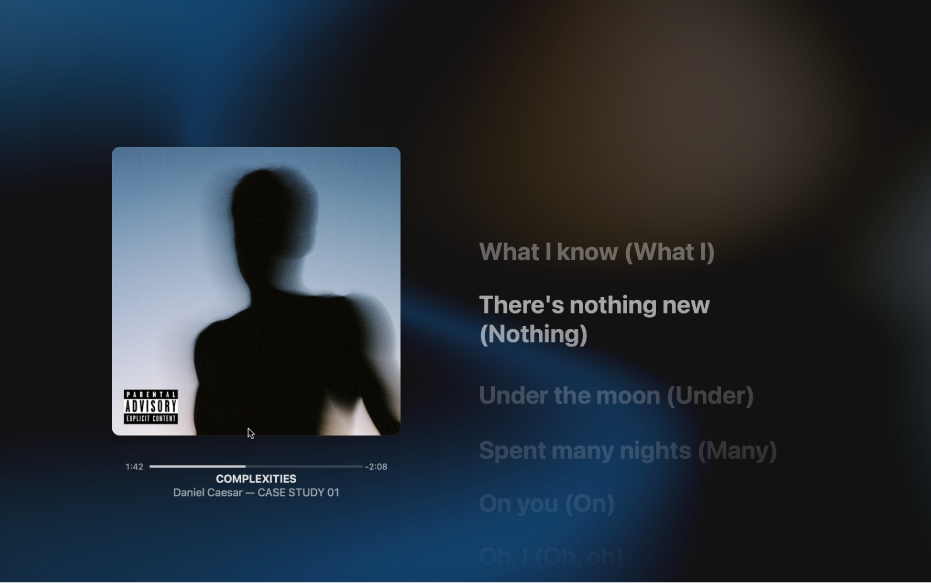 Le lecteur en plein écran avec un morceau en cours de lecture et les paroles sur la droite, qui s’affichent en même temps que la musique.