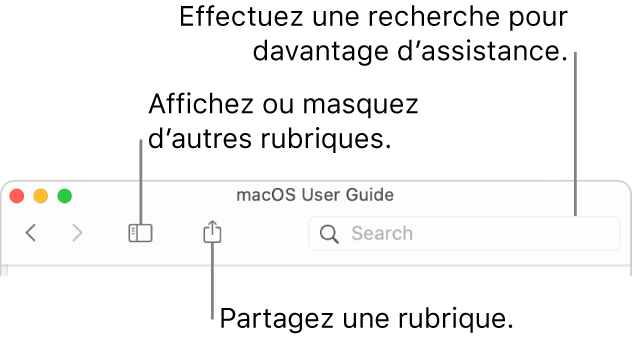 La fenêtre d’aide avec les boutons dans la barre d’outils qui permet de masquer ou d’afficher la table des matières et de partager une rubrique et le champ de recherche qui permet de rechercher des rubriques.