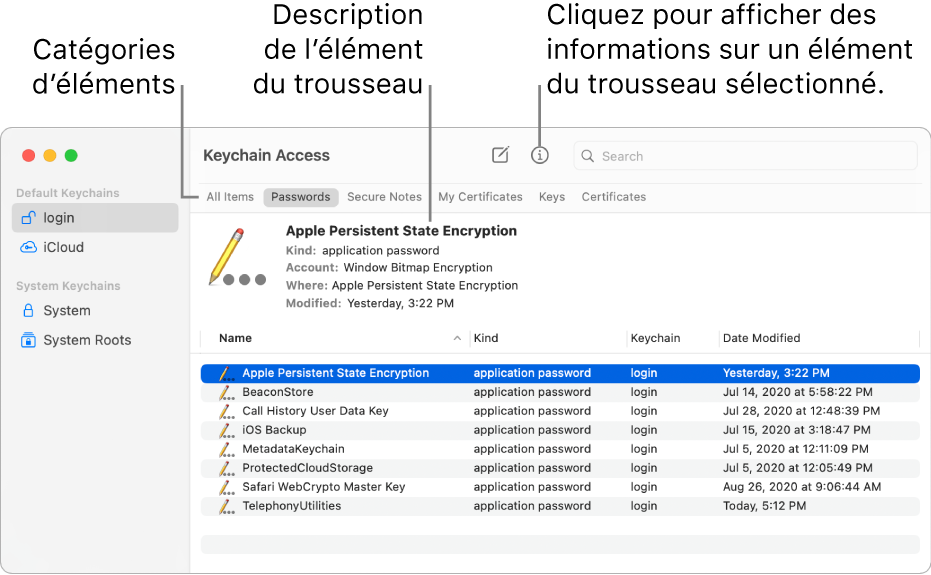 La fenêtre Trousseaux d’accès avec des trousseaux dans la barre latérale. À droite se trouve une description du mot de passe d’un trousseau de session sélectionné.