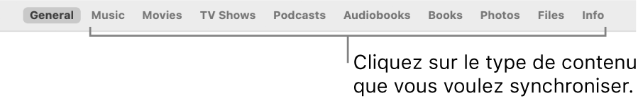 La barre des boutons affichant le bouton Général et les boutons de contenus comme la musique, les films, les séries TV et bien plus encore.