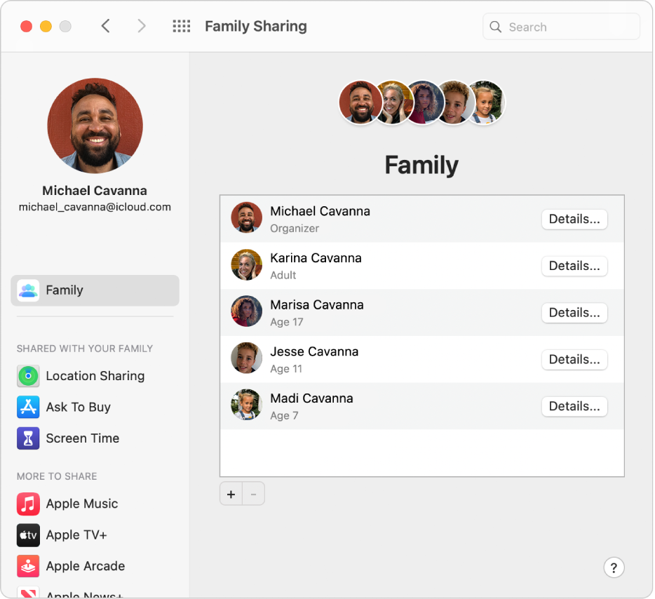Préférences « Partage familial » montrant une barre latérale de différents types d’options de compte que vous pouvez utiliser et les préférences Famille pour un compte existant.
