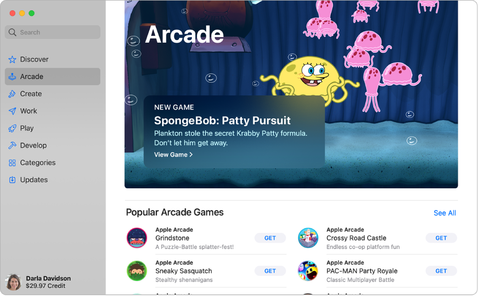 La page principale d’Apple Arcade. La sous-fenêtre à droite affiche un jeu populaire, avec d’autres jeux disponibles en dessous.