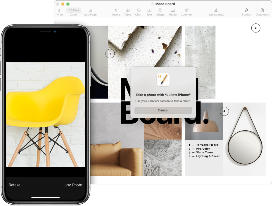 Une photo sur un iPhone et la même photo insérée dans un document sur un Mac.