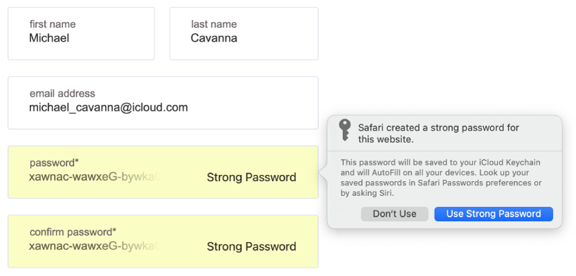 SafariがWebサイトの強力なパスワードを作成したことを示すダイアログ。このパスワードはユーザのiCloudキーチェーンに保存され、ユーザのデバイスで自動入力できます。