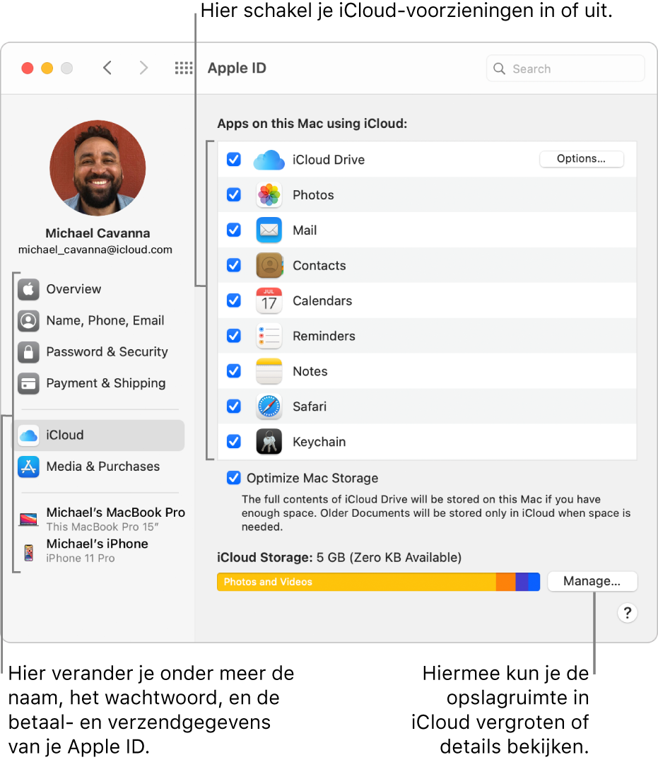 Het paneel 'iCloud' in Systeemvoorkeuren waarin alle voorzieningen zijn geselecteerd.