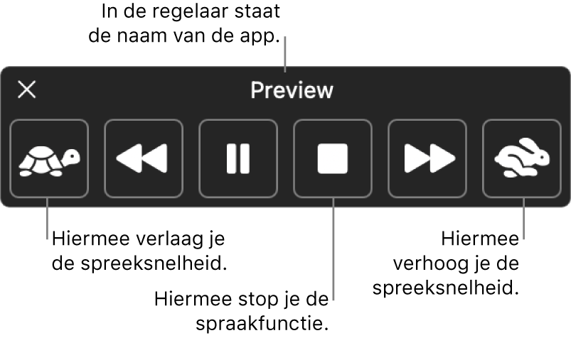 De regelaar die op het scherm kan worden weergegeven wanneer op de Mac geselecteerde tekst wordt uitgesproken. In de regelaar staan zes knoppen waarmee je (van links naar rechts) de spreeksnelheid verlaagt, naar de vorige zin gaat, de spraakfunctie activeert of pauzeert, de spraakfunctie stopt, naar de volgende zin gaat en de spreeksnelheid verhoogt. De naam van de app staat boven in de regelaar.