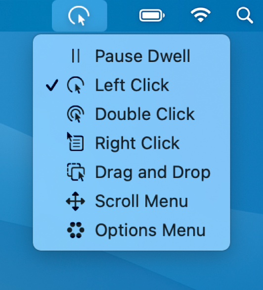 De menuopties van het statusmenu voor stilhouden, met van boven naar beneden: 'Pauzeer stilhouden', 'Klik links', 'Klik dubbel', 'Klik rechts', 'Sleep en zet neer', 'Scrolmenu' en 'Optiemenu'.