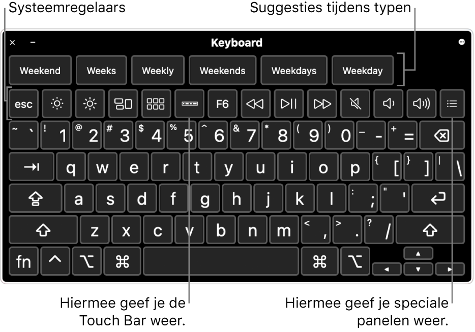 Het toegankelijkheidstoetsenbord met typesuggesties bovenaan. Onderaan staat een rij knoppen voor systeemregelaars waarmee je bijvoorbeeld de helderheid van het scherm kunt aanpassen en de Touch Bar op het scherm en aangepaste panelen kunt weergeven.