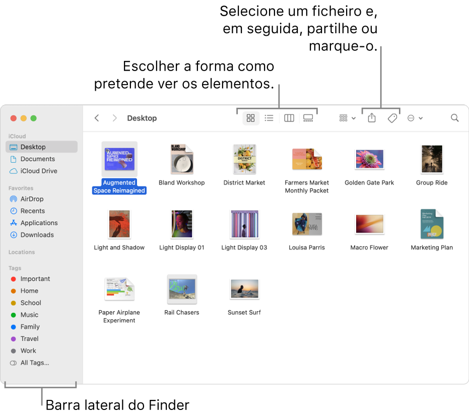 Uma janela do Finder com a barra lateral do Finder à esquerda. No parte superior da janela encontram-se quatro botões que mudam a forma como os elementos são apresentados na janela e botões adicionais para organizar e partilhar elementos.