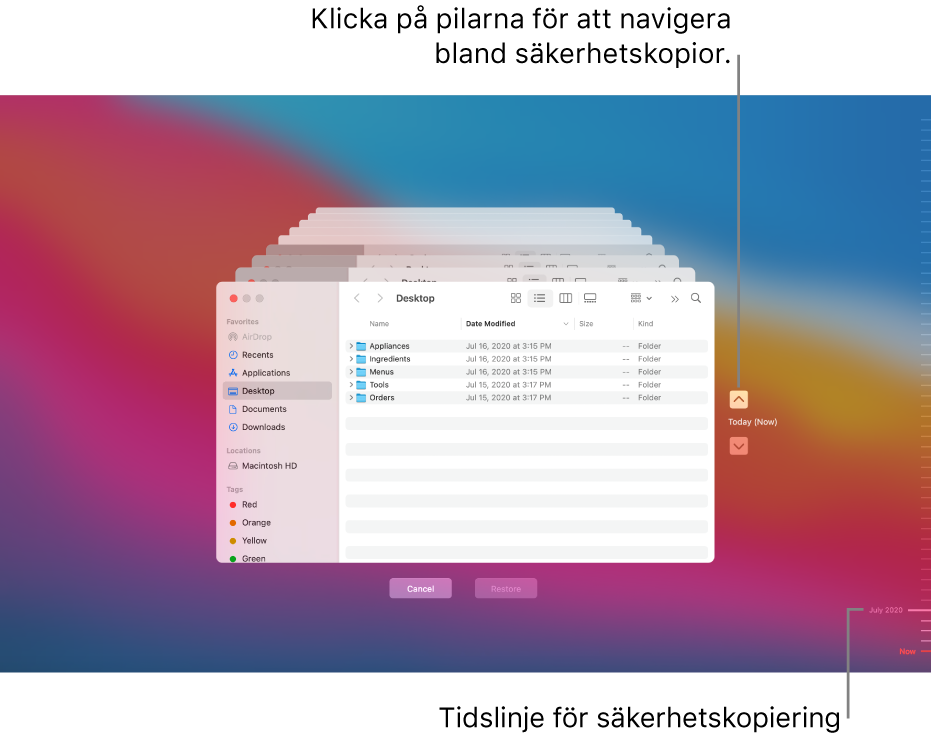 När du öppnar Time Machine visas en suddig skärm med flera Finder-fönster staplade på varandra. De representerar säkerhetskopior. Navigera bland säkerhetskopieringarna med pilarna (eller klicka på tidslinjen över säkerhetskopieringar till höger) och välj vilka filer du vill återskapa.