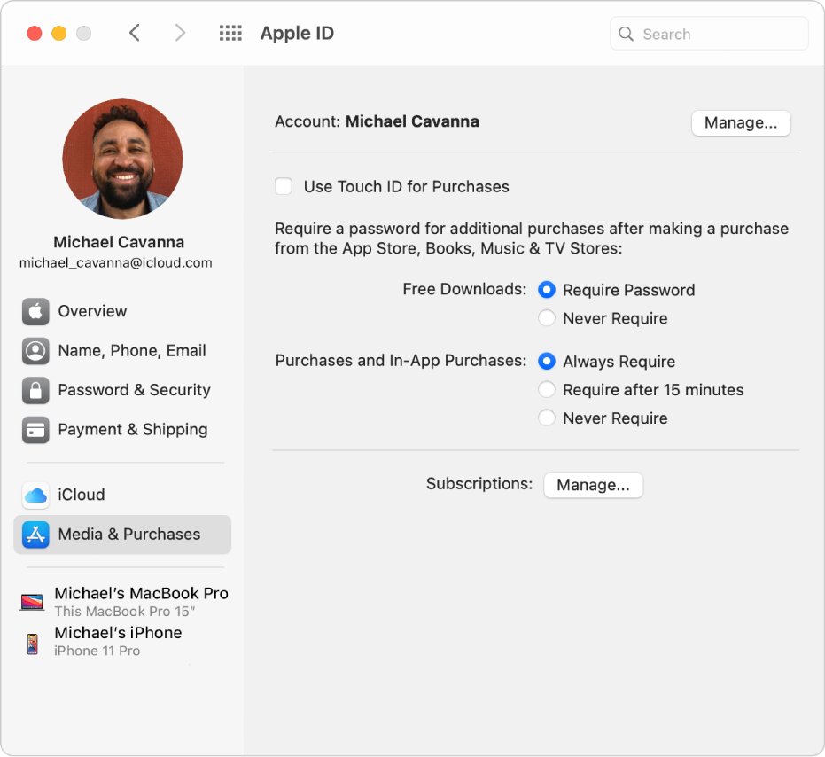 Inställningspanelen Apple‑ID med ett sidofält med olika typer av kontoalternativ som du kan använda och inställningspanelen Medier och köp för ett befintligt konto.