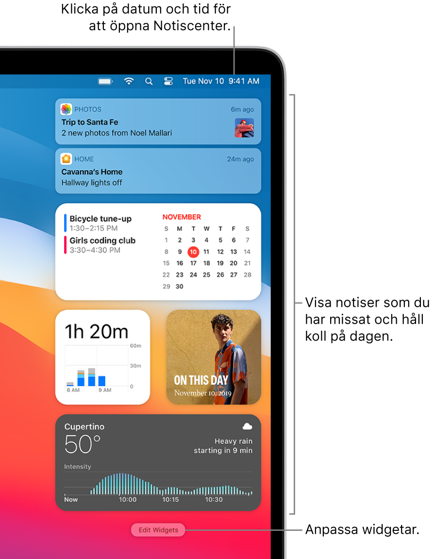 Notiser och widgetar i Notiscenter.