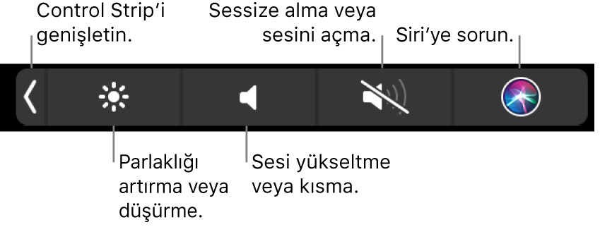 Daraltılmış Control Strip soldan sağa Control Strip’i genişletme, ekran parlaklığını ve ses yüksekliğini artırma veya azaltma, sesi kapatma veya açma ve Siri’ye soru sorma düğmelerini içeriyor.