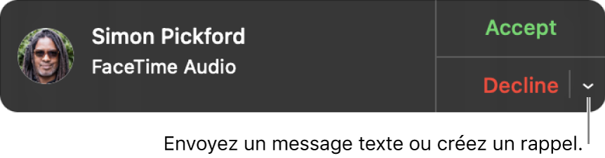 Cliquez sur la flèche en regard de Refuser dans la notification pour envoyer un message texte ou créer un rappel.