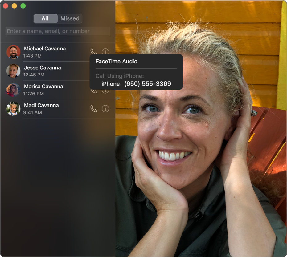La finestra di FaceTime che mostra come effettuare una chiamata audio o telefonica con FaceTime.