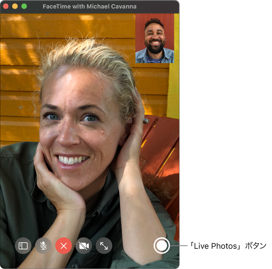 ポインタをFaceTimeウインドウに動かすと、「Live Photos」ボタンが表示されます。