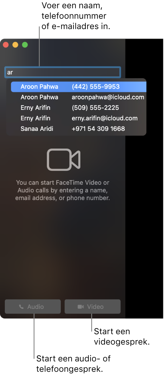 Voer in de zoekbalk een naam, telefoonnummer of e-mailadres in. Klik op de videoknop om een videogesprek te starten met FaceTime. Klik op de knop 'Audio' om een audio- of telefoongesprek te starten met FaceTime.