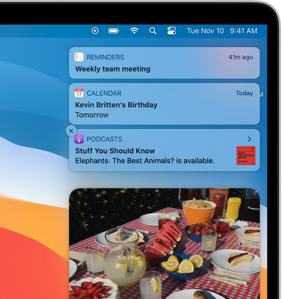The top-right corner of the Mac desktop showing notifications, including one for a new podcast episode that’s available to listen to in Podcasts.