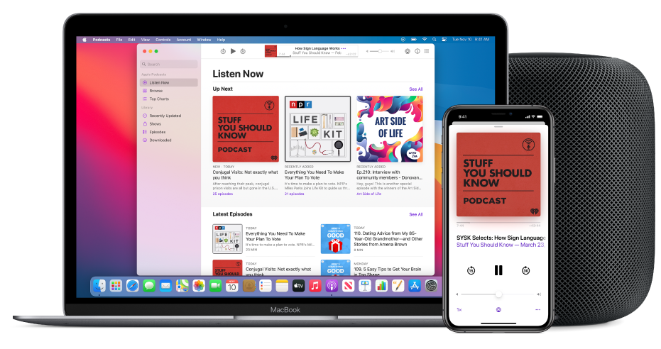 La ventana de la app Podcasts con la pantalla Escuchar en un Mac y iPhone, con un HomePod de fondo.