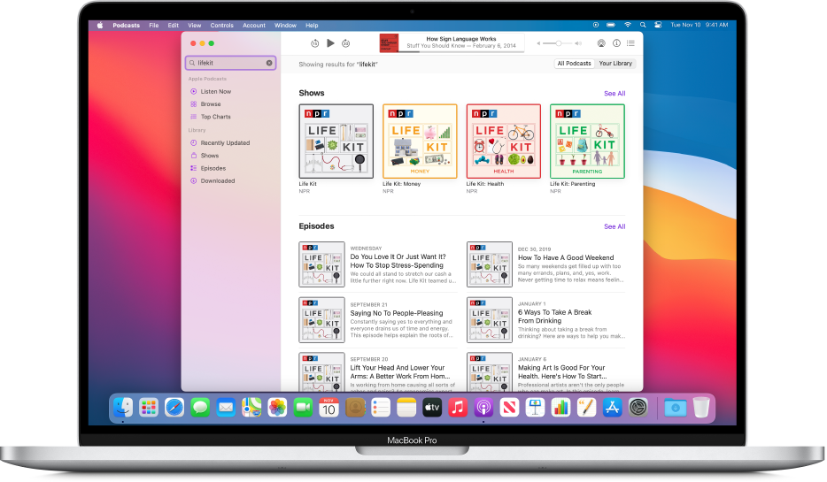 La ventana de la app Podcasts con una cadena de búsqueda y los resultados.