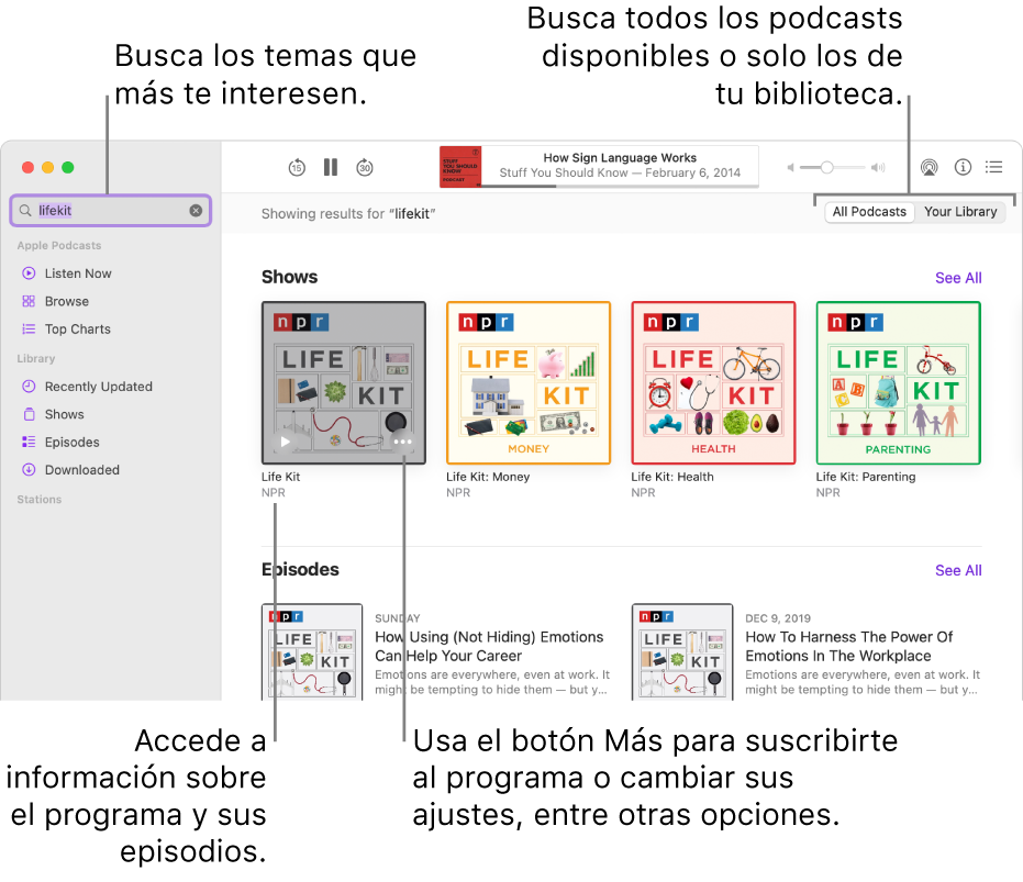 La ventana de Podcasts con texto introducido en el campo de búsqueda en la esquina superior izquierda, y episodios y programas que cumplen el criterio de búsqueda de todos los podcasts en la pantalla de la derecha. Haz clic en el enlace situado bajo el programa para ver los detalles sobre el programa y sus episodios. Utiliza el botón Más del programa para suscribirte al programa, cambiar sus ajustes y más cosas.
