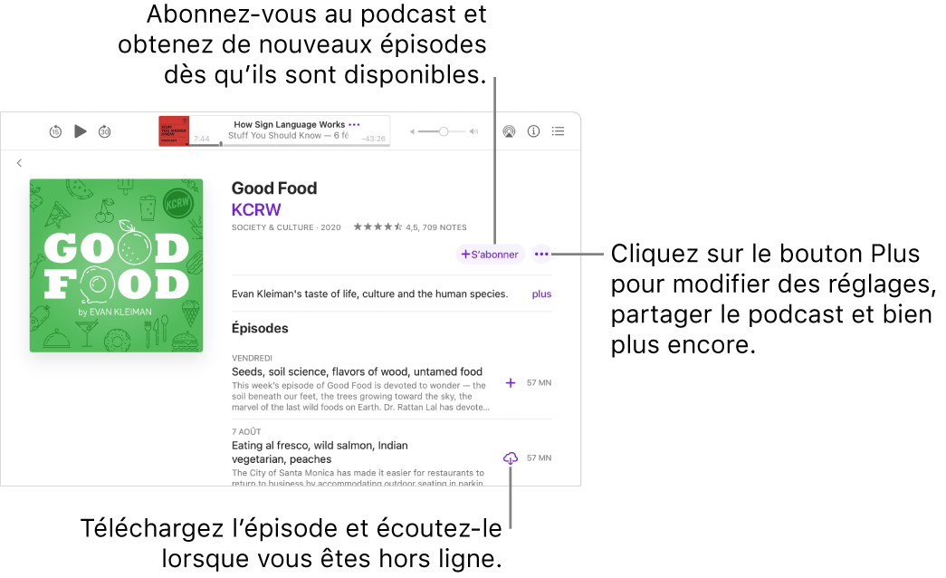 L’écran de détails du podcast. Cliquez sur S’abonner pour télécharger les nouveaux épisodes dès qu’ils sont disponibles. Cliquez sur le bouton Plus pour modifier les réglages, partager le podcast, et plus encore. Téléchargez l’épisode si vous souhaitez l’écouter lorsque vous n’êtes pas connecté à Internet.