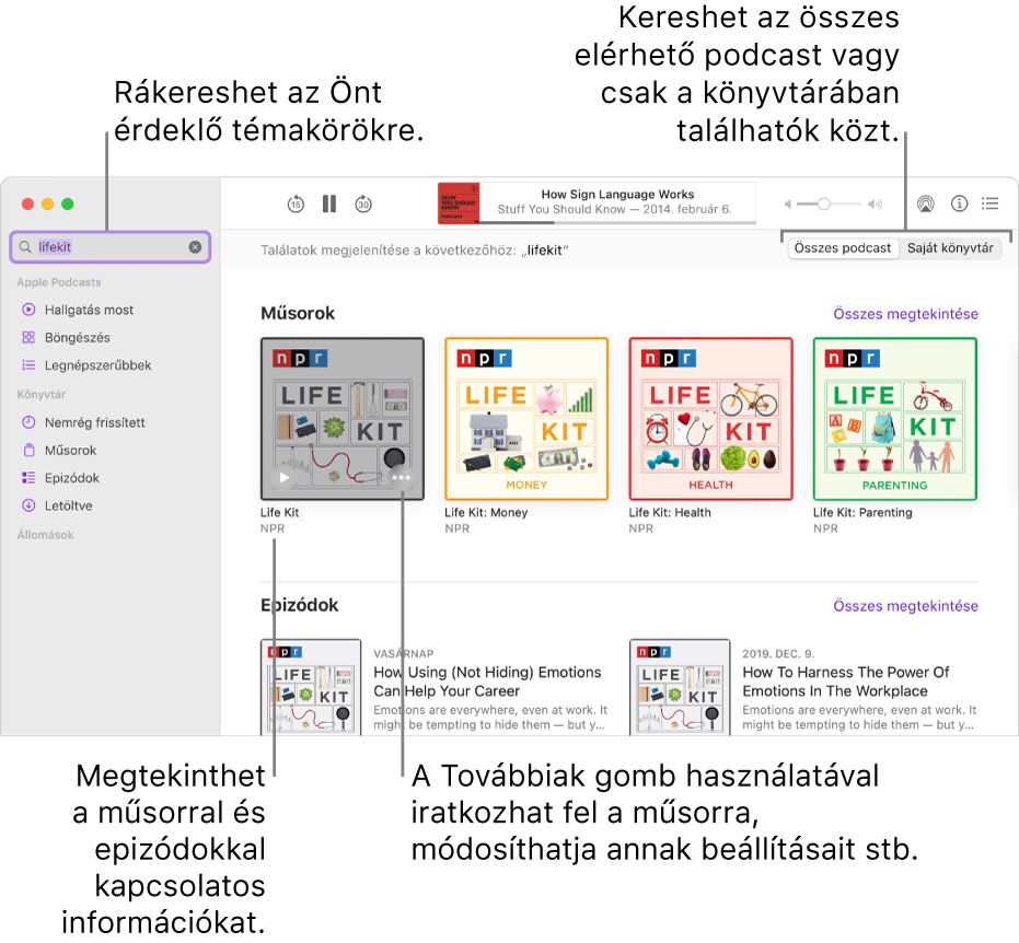 A Podcastok ablak, amelyben a bal felső sarokban a keresőmező látható a beírt szöveggel, míg a jobb oldalon a keresésnek megfelelő epizódok és műsorok láthatók az összes podcast közül. Kattintson a műsor alatt található linkre a műsor részleteinek és epizódjainak megtekintéséhez. A műsor Továbbiak gombjának használatával feliratkozhat a műsorra, módosíthatja a beállításokat, stb.