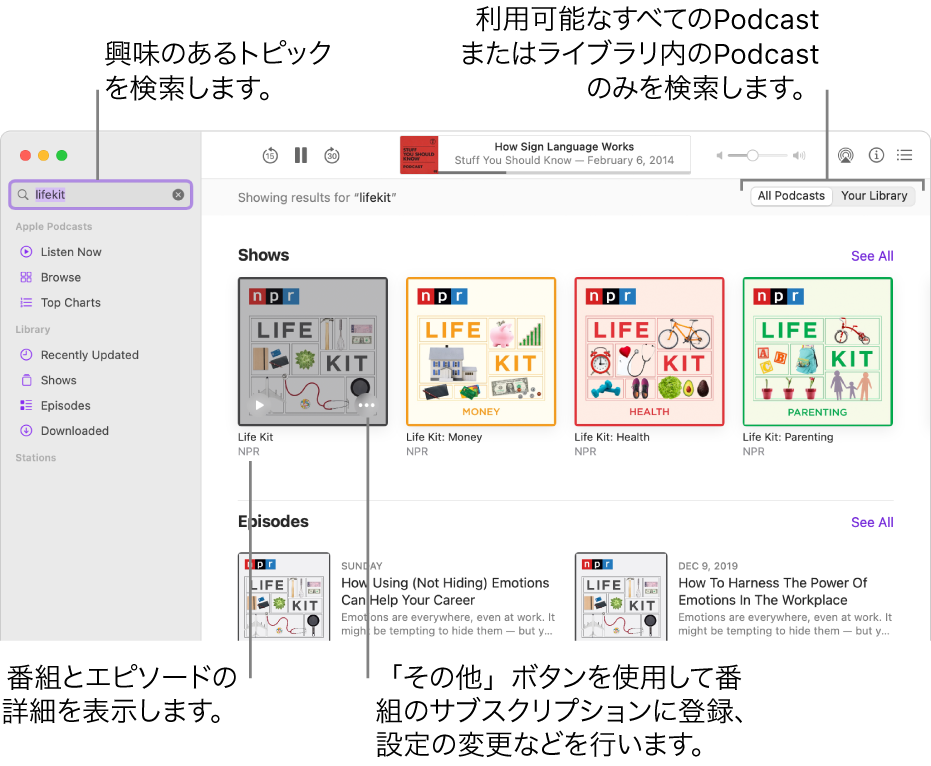 Podcastウインドウ。左上隅の検索フィールドにテキストが入力され、右の画面にすべてのPodcastの検索に一致するエピソードと番組が表示されています。番組の下にあるリンクをクリックすると、番組とそのエピソードについての詳細が表示されます。番組に表示されている「その他」ボタンを使って、番組のサブスクリプションに登録したり、設定を変更したりします。