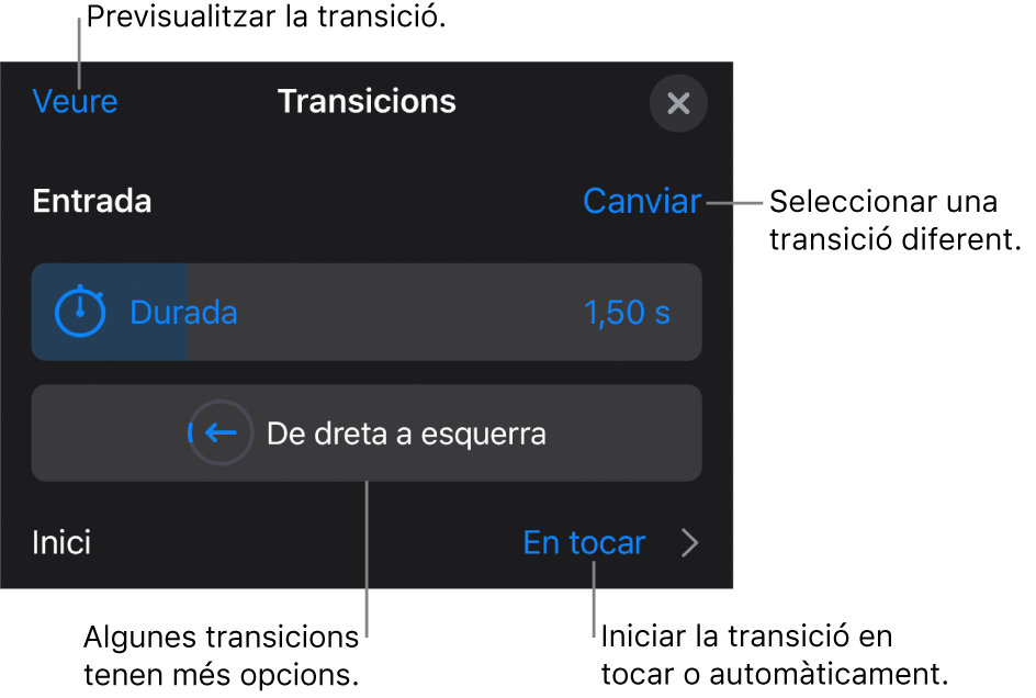 Els controls del tauler Opcions per modificar una transició.
