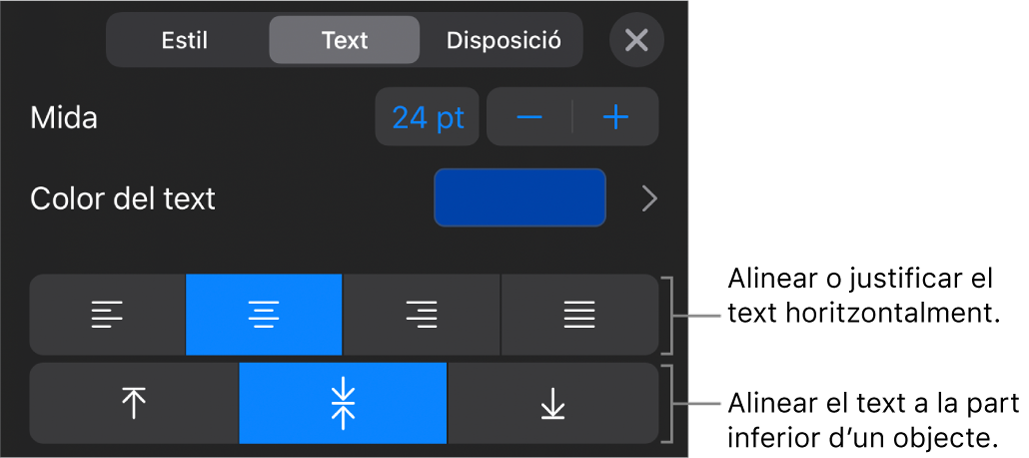 Secció Alineació del botó Format amb llegendes per als botons d’alineació de text.