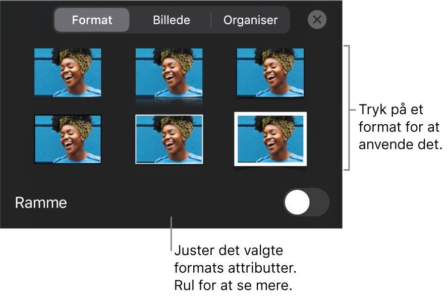 Fanen Format til menuen Format med objektformater øverst og derunder en betjeningsmulighed til ændring af rammen.