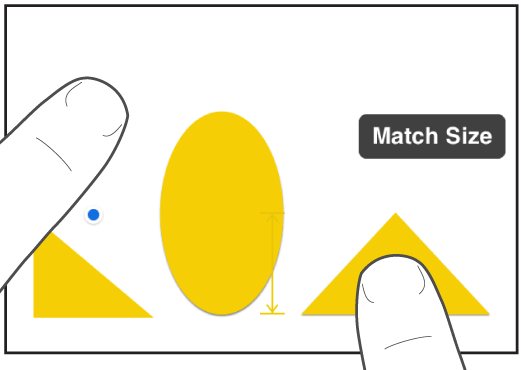 One finger just above a shape and another holding an object with Match Size on the screen.