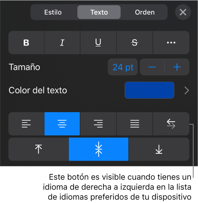 Los controles de texto se encuentran en el menú de Formato, con un mensaje que señala el botón “De derecha a izquierda”.