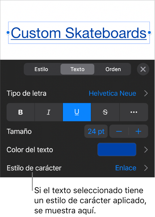 Los controles de formato de texto con “Estilo de carácter” debajo de los controles de color. El estilo de carácter Ninguno aparece con un asterisco.