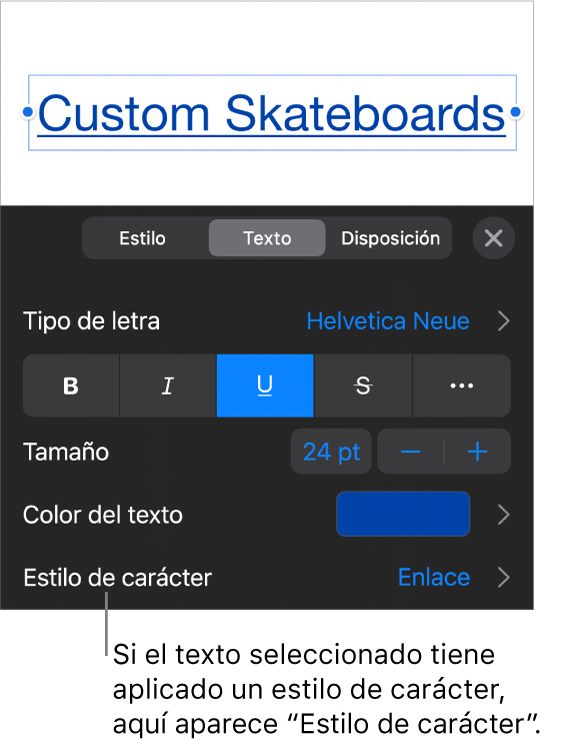 Los controles de formato de texto con “Estilos de carácter” debajo de los controles de color. El estilo de carácter Ninguno aparece con un asterisco.
