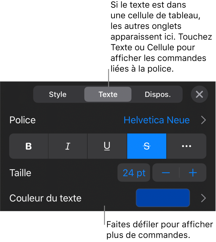 Commandes de texte du menu de format permettant de définir les styles, la police, la taille et la couleur des paragraphes et des caractères.