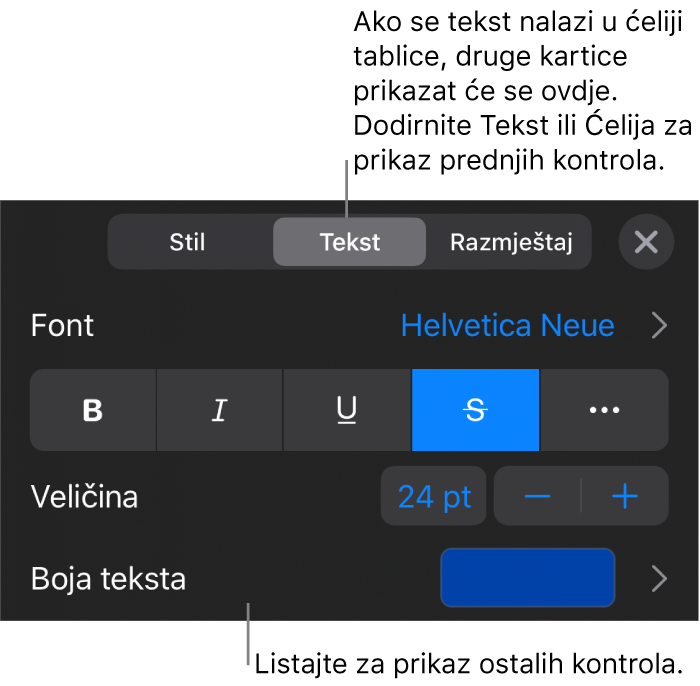 Kontrole teksta u izborniku Format za postavljanje paragrafa i stilova paragrafa, fonta, veličine i boje.