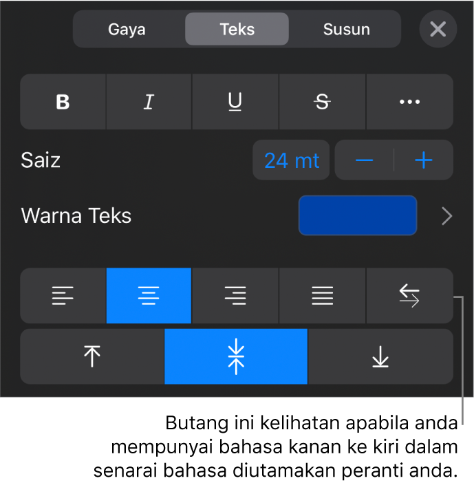Kawalan teks dalam menu Format dengan petak bual ke butang Kanan ke Kiri.