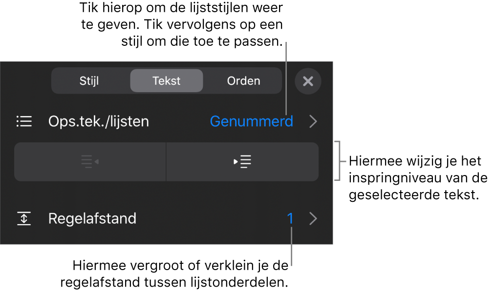 Het gedeelte 'Ops.tek./lijsten' van de opmaakregelaars met uitleg bij 'Ops.tek./lijsten', de inspringknoppen en de regelaars voor de regelafstand.