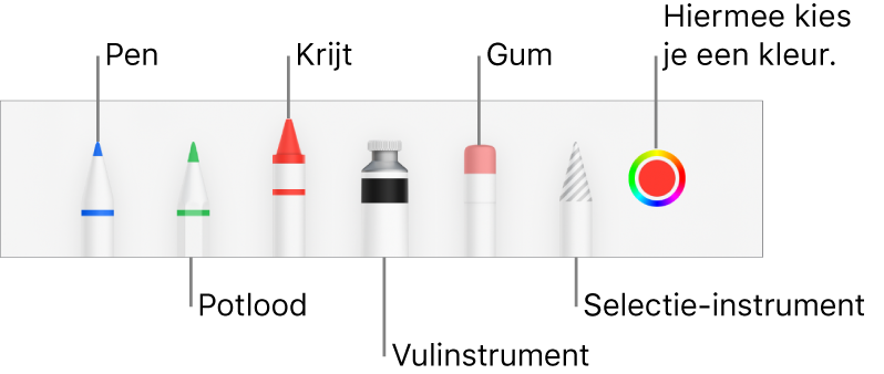 De knoppenbalk voor tekenen met een pen, potlood, krijt, vulinstrument, gum en selectie-instrument en een kleurenvak met de huidige kleur.