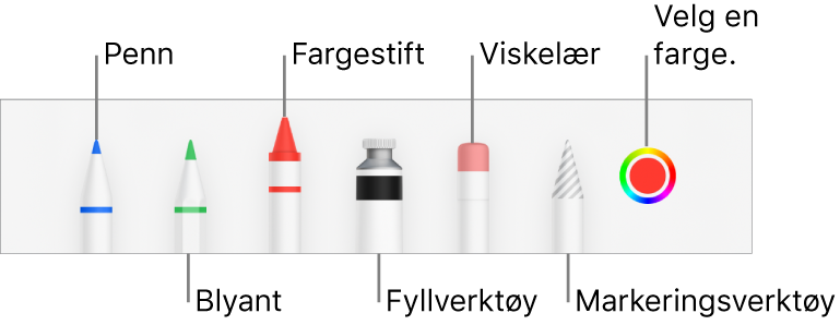 Tegneverktøylinjen med en penn, blyant, fargestift, fyllverktøy, viskelær, markeringsverktøy og fargefelt som viser den gjeldende fargen.