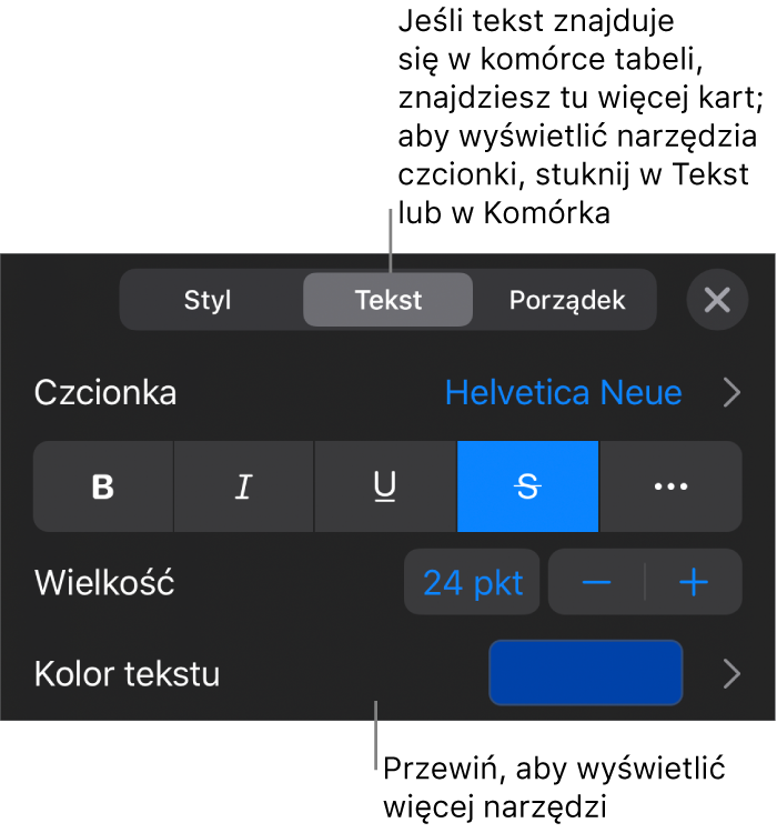 Narzędzia tekstów w menu Format służą do ustawiania stylów akapitu i znaków oraz czcionek ich wielkości i koloru.